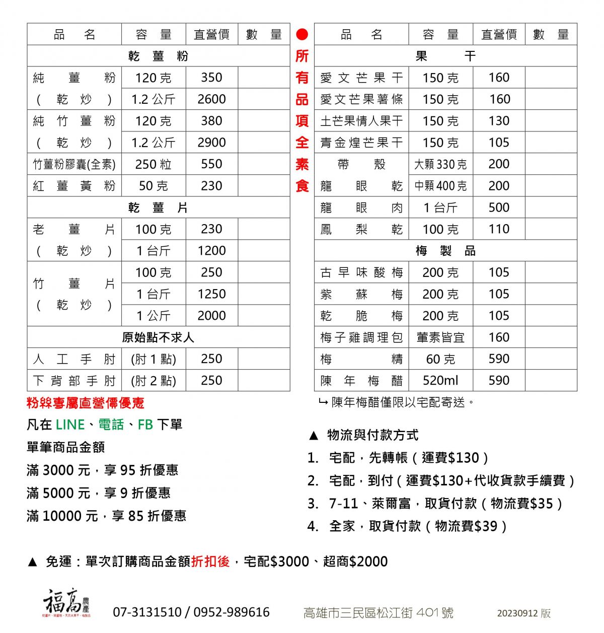 FuKaoPriceList 福高農產 價目表 目錄 DM Menu 20230912版
